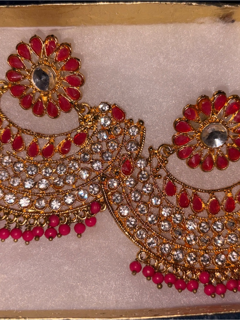 FANCY Gold-Tone Pink Kundan Chandelier Earrings